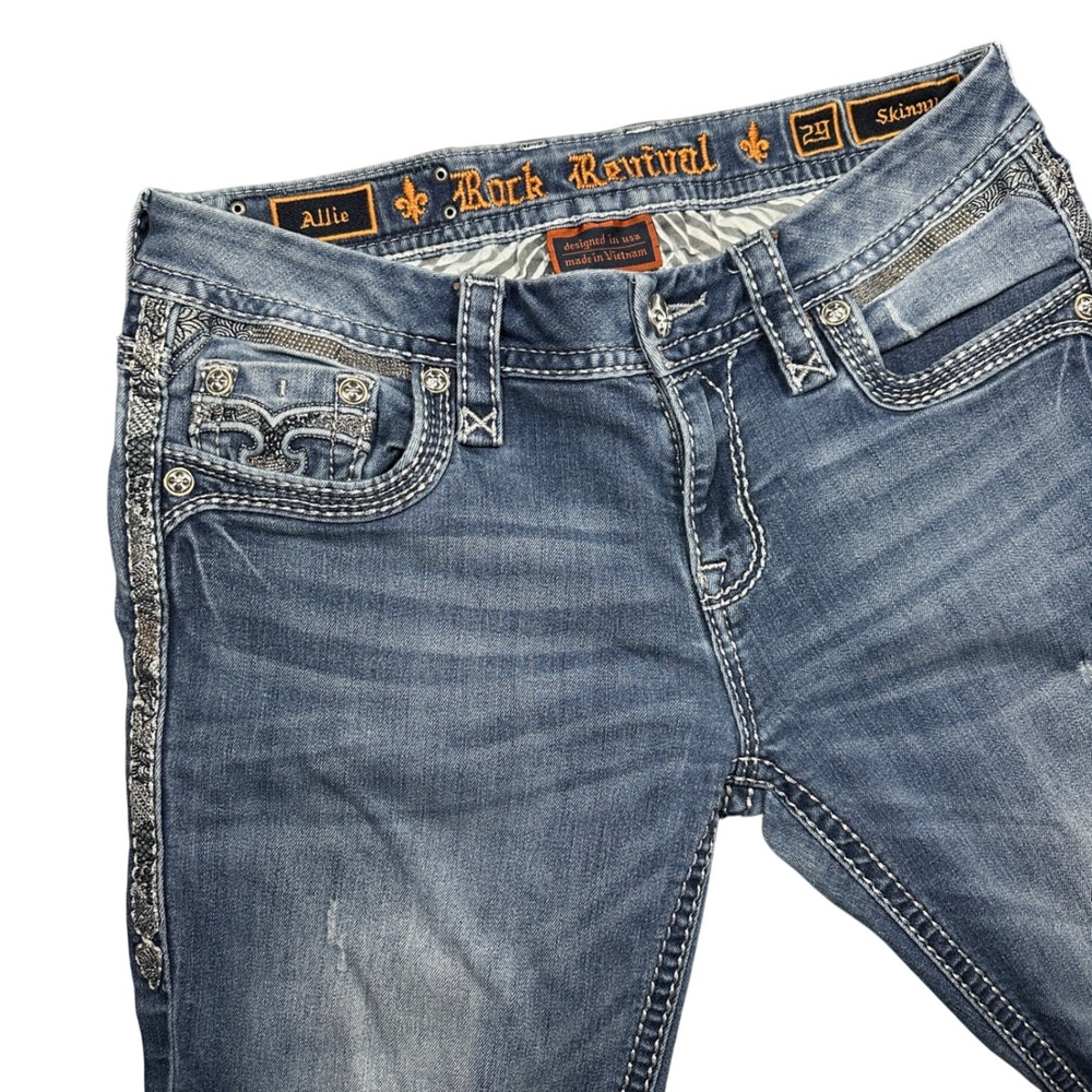 Rock Revival Allie Skinny Jeans Womens 29 Medium Wash Distressed Embroidered